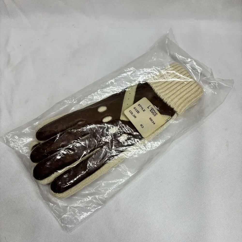Vintage L’Eggs Style 8834 Gloves Brown Cream Knit Vinyl NOS New Old Stock Retro